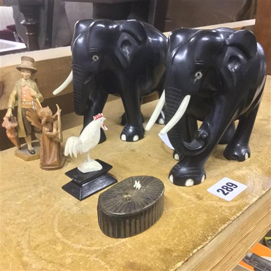 Pair of ebony and ivory elephants and sundry items